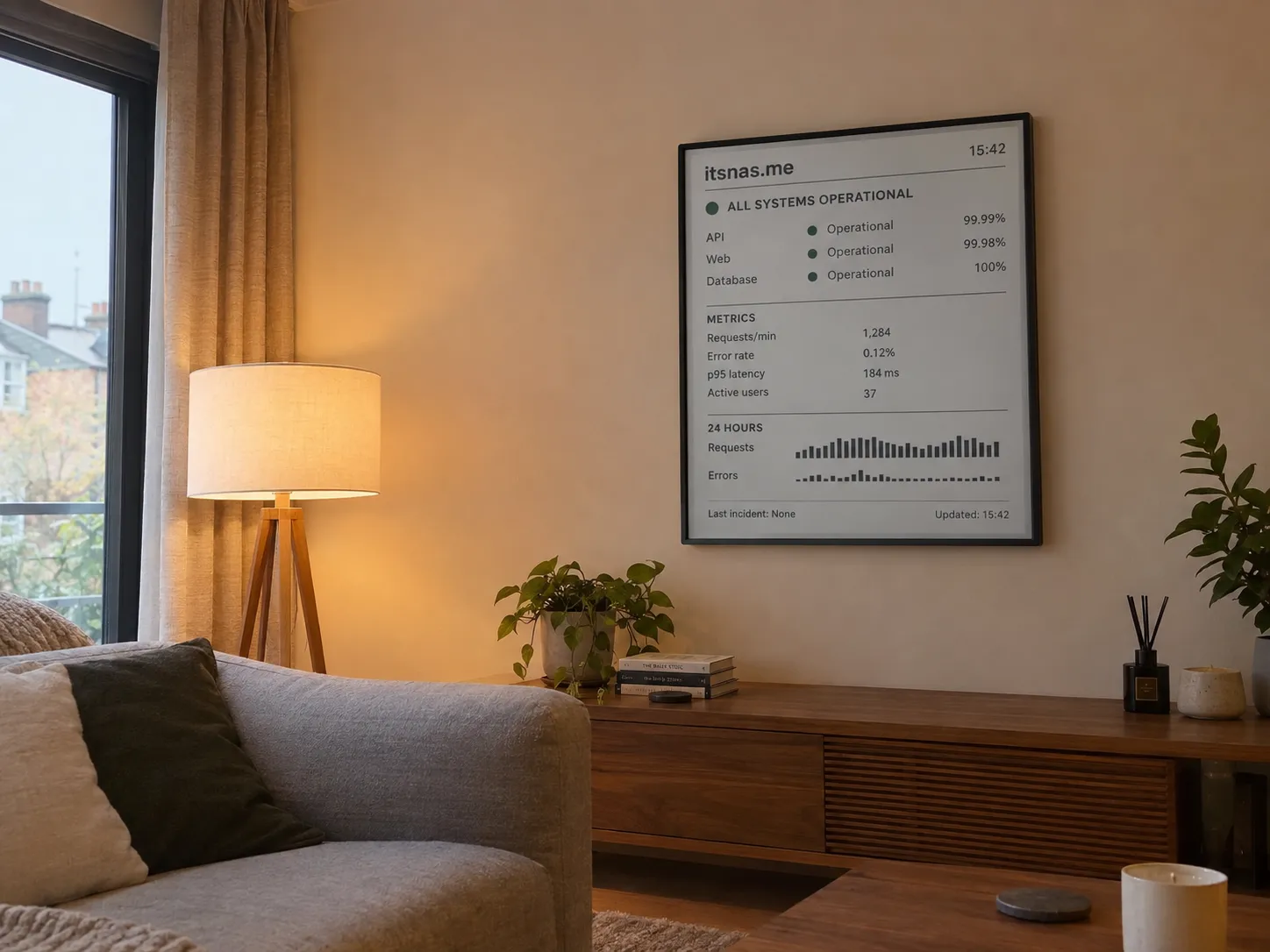 The e-paper panel on a living room wall, showing itsnas.me as all systems operational with request, error and latency metrics and 24 hour bar charts